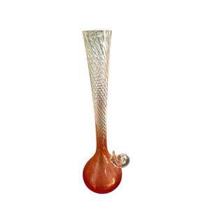 Blown Glass Orange and Clear 12” Bud Vase Twisted Top Glass Snail Handle MCM